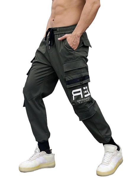 

men letter graphic flap pocket cargo pants q5xx#, Black
