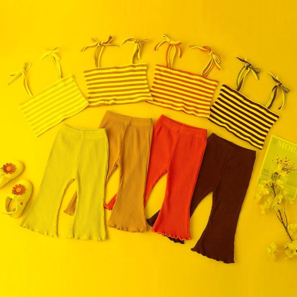 Conjuntos de roupas 0-24m verão adorável meninas roupas com mangas de cinto listrado com calças longas calças 2pccsclothing