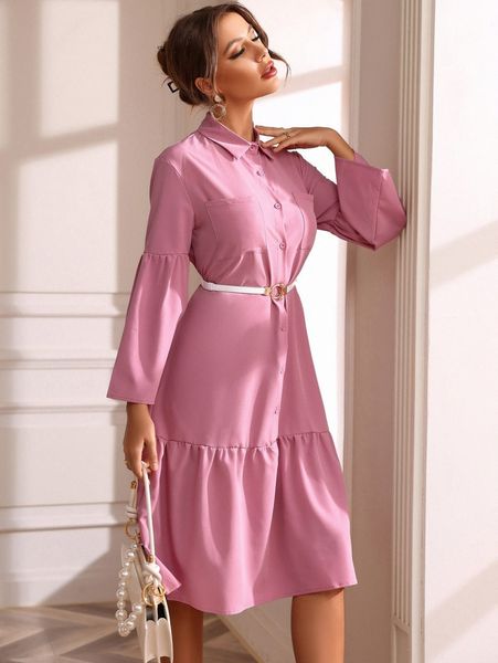 

flounce sleeve dual pocket ruffle hem smock dress without belt s6jo#, Black;gray