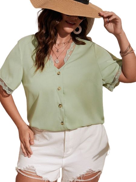 

plus contrast lace button front blouse r57q#, Black