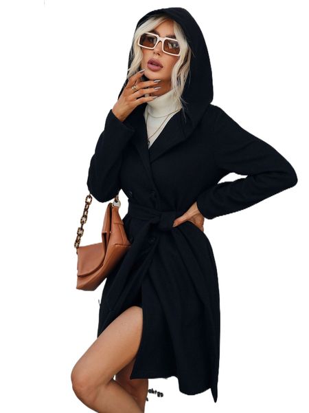 

double breasted hooded belted overcoat e76z#, Black