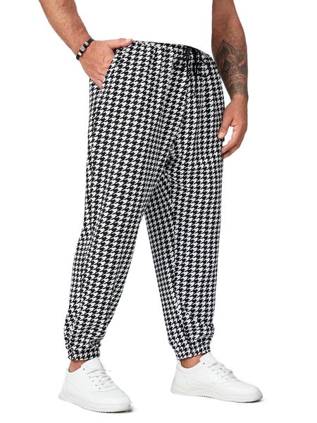 

extended sizes men houndstooth drawstring waist carrot pants o9ky#, Black