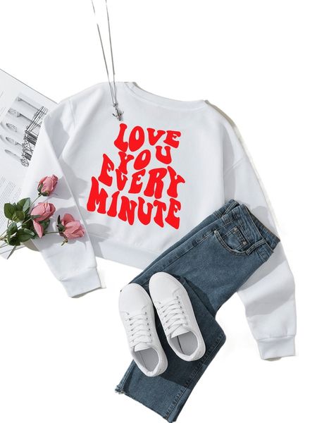 

slogan graphic drop shoulder crop sweatshirt a4vg#, Black