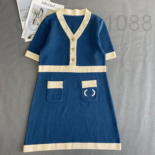 

women's jumpsuits & rompers designer high version knitted v-neck short sleeve dress letter femininity celebrity style a-line skirt 2022, Black;white