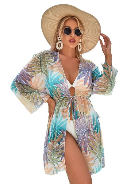 

plant print tie front kimono u5cl#, White;black