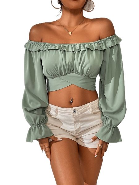 

off shoulder ruffle trim flounce sleeve tie back crop blouse b7y8#, White
