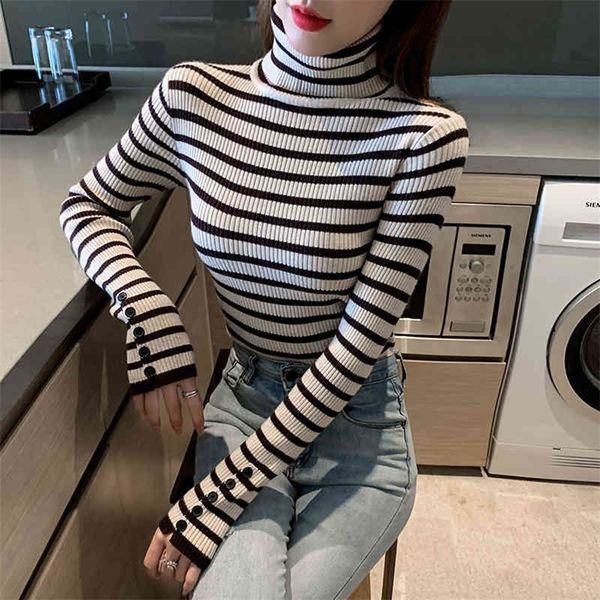 

turtleneck knitted bottoming shirt women's stripes thick slim long-sleeved with pullover elastic sweater women 210412, White