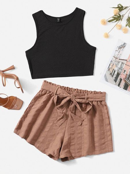 

plus rib-knit tank & belted shorts i82r#, Black