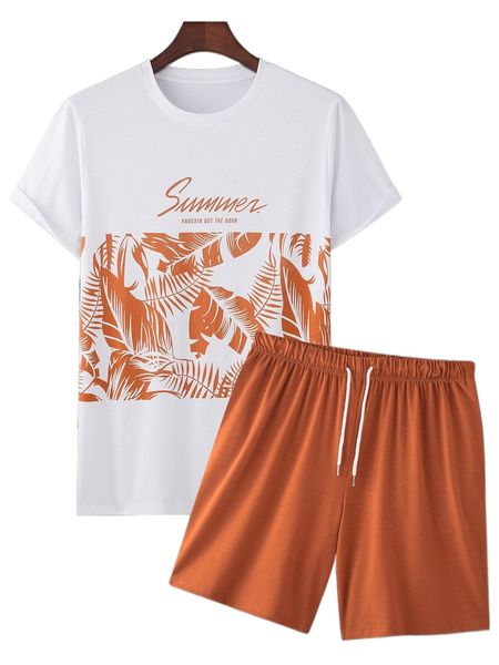 

men letter & tropical print tee & drawstring waist shorts f2vp#, Gray