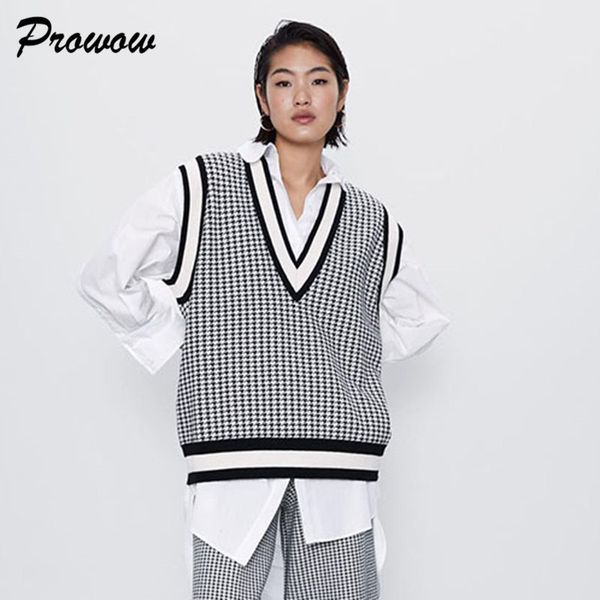 Moda Vneck Knit Sweater Women Pullover Tops Tops sem mangas Houndstooth Plaid Knit Sweater feminino Casual Sweater Lady Streetwear 201031