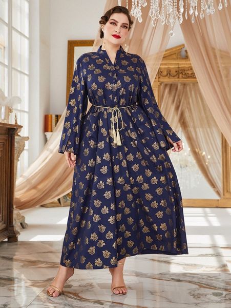 

plus random gold floral print split cuff tassel belted dress l8n3#, Black