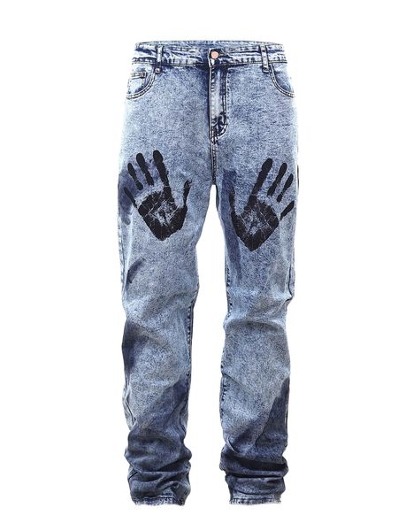 

men palm print zipper fly jeans c4oz#, Blue