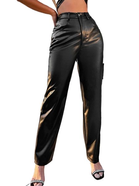 

apperloth a high waist pocket pu leather pants q24x#, Black;white