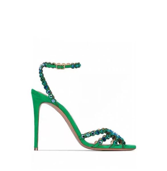 Mehrfarbige Damen-Strasssteine mit High Heels und Fish-Toe-Stiefeletten. Denim-Canvas-Kleiderschuhe, Sandale, Dimond-Glanz, Prince-C111-Code, benutzerdefinierte Arten, grüner Diamant-Str