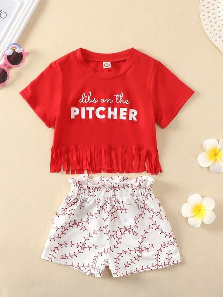 

toddler girls slogan graphic fringe hem tee & plant print shorts she, White