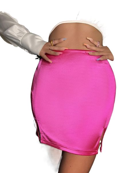 

high waist m-slit hem satin skirt z7zl#, Black