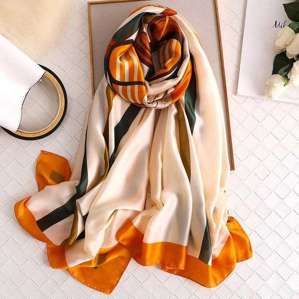 

luxury scarves women silk scarf designer 2021 brand print summer pashmina foulard female hijab beach for lady, Blue;gray