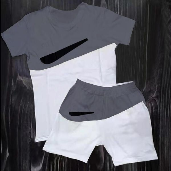 

summer mens short sets tracksuit casual men clothing brand print colorblock sweatsuits 2022 male t shirt and shorts 2 piece set joggers trai, Gray