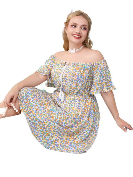 

plus allover print off shoulder tassel tie dress s2ed#, Black