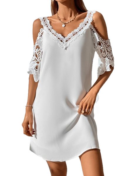 

cold shoulder contrast guipure lace tunic dress o1zf#, Black;gray