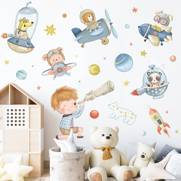 Karikatür Hayvan Pilot Astronot Duvar Etiketleri Çocuklar İçin Odalar Erkek Yatak Odası Anaokulu Dekor Odası Dekorasyonu Diy Sanat Duvar Resimleri 220607