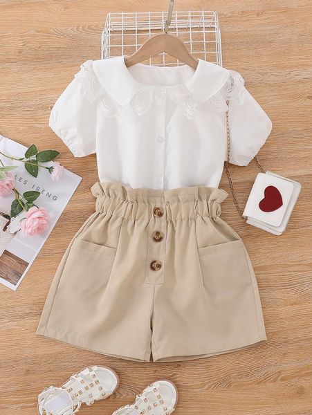 

girls contrast lace blouse & paperbag waist dual pocket shorts she, White