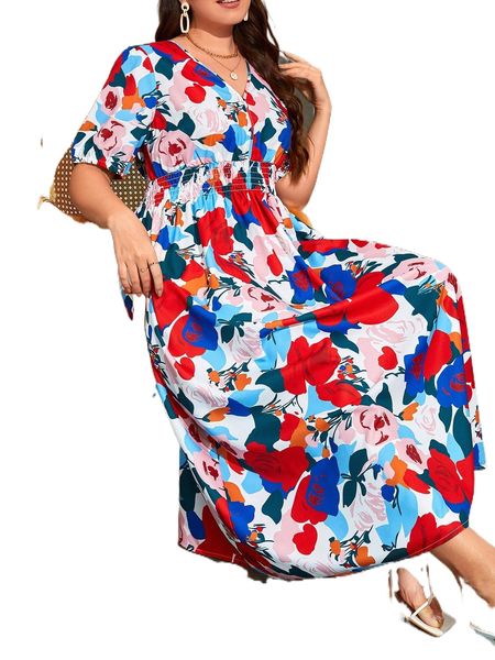 

plus allover floral print shirred waist puff sleeve dress o5tn#, Black