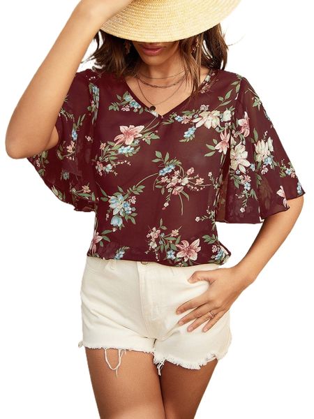 

floral print butterfly sleeve chiffon blouse without bra g0f7#, White