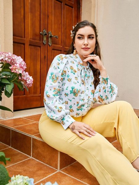 

plus floral print tie neck lantern sleeve blouse y0sq#, Black