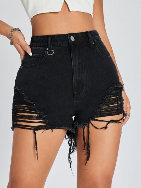 

raw hem ripped denim shorts c1so#, White;black