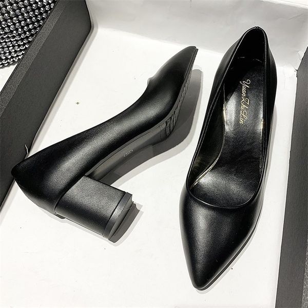 

fashion soft leather fabric heels pumps shoes pointed toe shoes woman square slip-on heel slip lady office casual work shoes 220316, Black