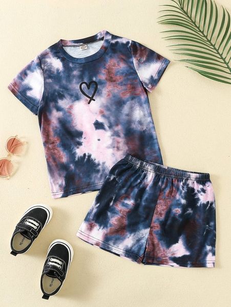 

toddler girls tie dye heart print tee & shorts she, White