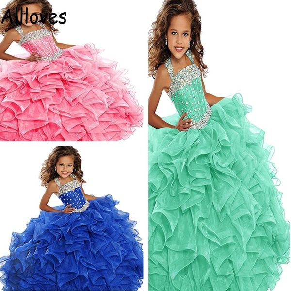 

organza ruffles little girl' pageant dresses halter sparkle rhinestones beaded princess ball gown formal kids toddler flower girl dres, White;red