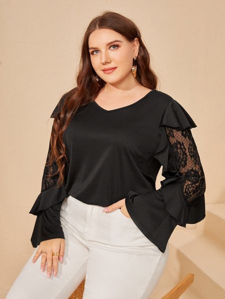 

plus contrast lace ruffle trim tee s0ot#, Black