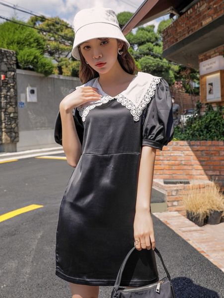 

dazy contrast lace smock dress z0jl#, Black;gray