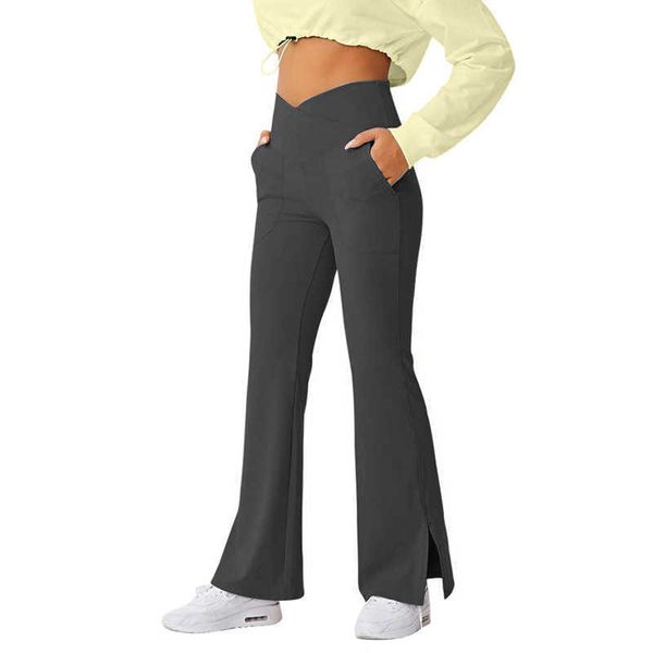 

yoga outfits pants split flared women leggings with pockets high waist elastic abdomen closing slim fit dance trouses workout casual tights, White;red