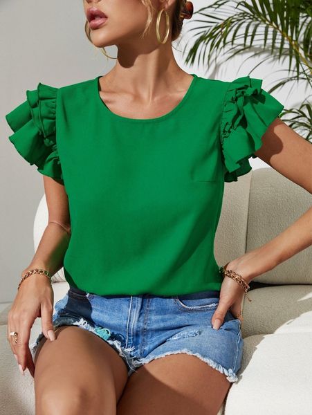 

layered sleeve keyhole back blouse h6n8#, White