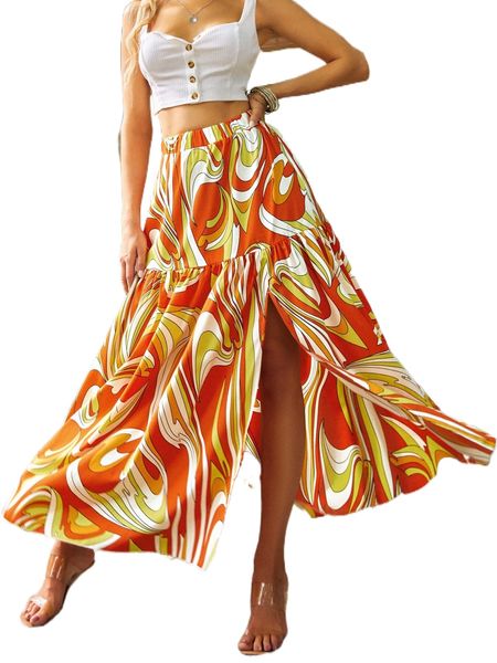 

luukse allover print split thigh ruffle hem skirt u3ke#, Black