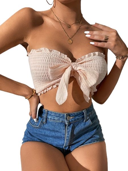 

shirred frill trim knot front tube c5as#, White