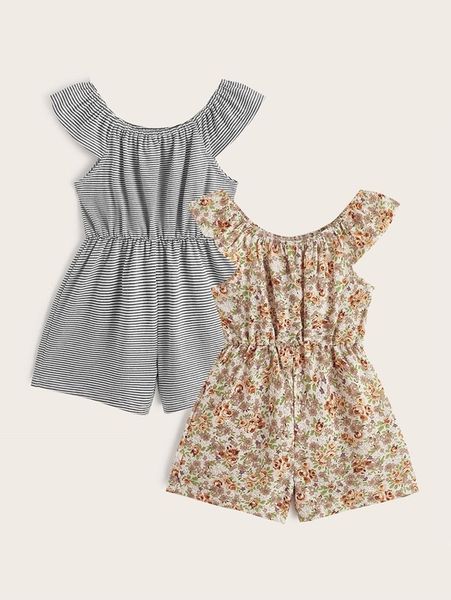 

toddler girls 2pcs allover floral print & striped print romper she, Blue