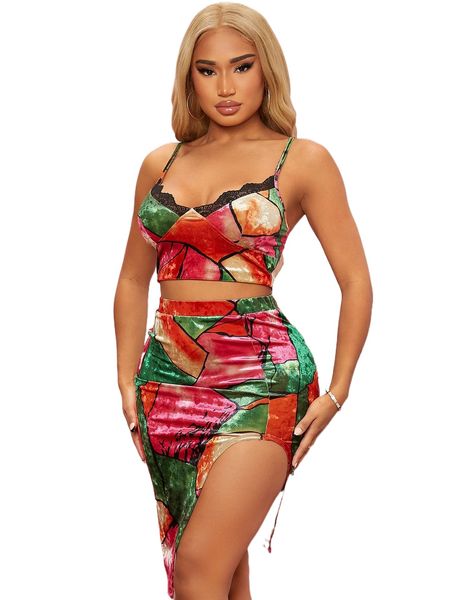 

sxy patchwork print split thigh velvet bodycon skirt s80n#, Black