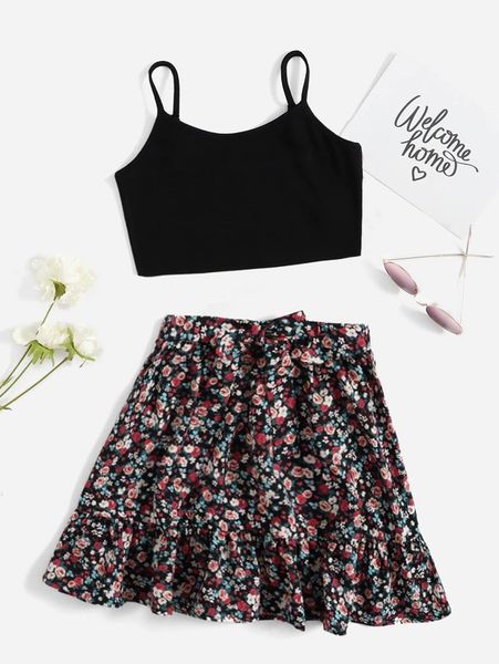 

girls solid cami & ditsy floral print ruffle hem skirt she, White