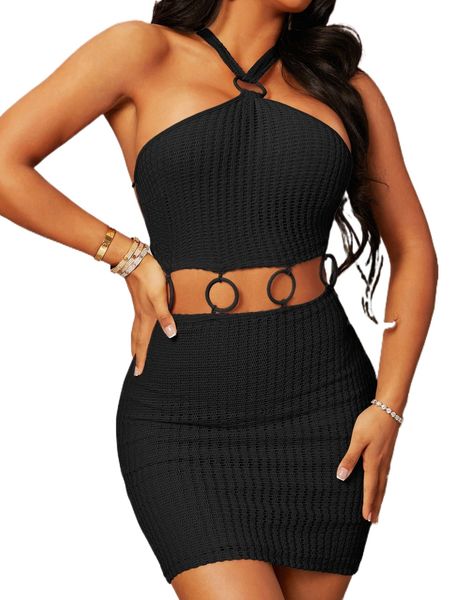 

sxy cutout o-ring detail tie backless dress s3sp#, Black;gray