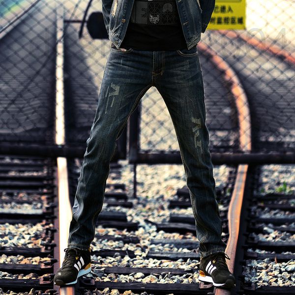 

men's jeans designer fashion brand jeans men slim straight elastic youth three bar long pants t76o, Blue