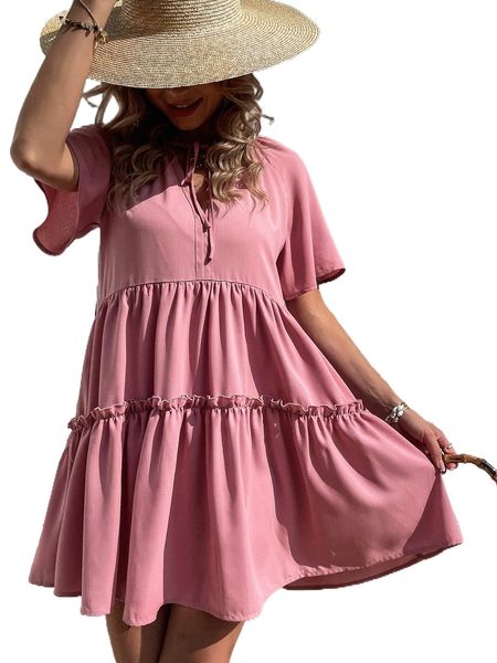 

t.ie n.eck f.rill trim babydoll d.ress q0ja#, Black;gray