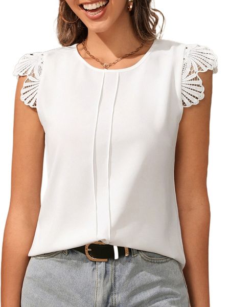 

contrast guipure lace seam detail blouse 91o5#, White
