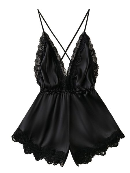 

contrast lace criss cross backless satin cami romper y1ja#, Black;red