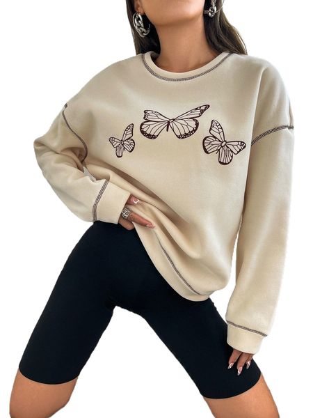 

butterfly print stitching drop shoulder pullover h1xb#, Black