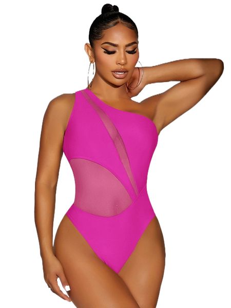

mesh panel one shoulder one piece swimsuit 703g#, White;black