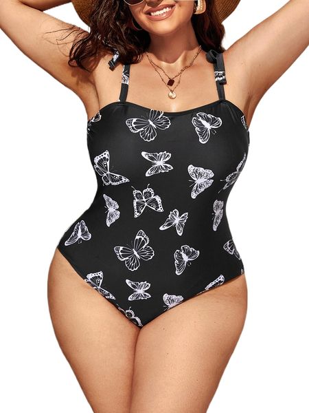 

plus butterfly print tie shoulder one piece swimsuit q6u5#, White;black